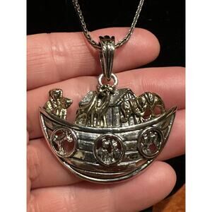 BEST Noah’s Ark Pendant Necklace Silver & Gold Tone Animals Religious 50’s Vtg